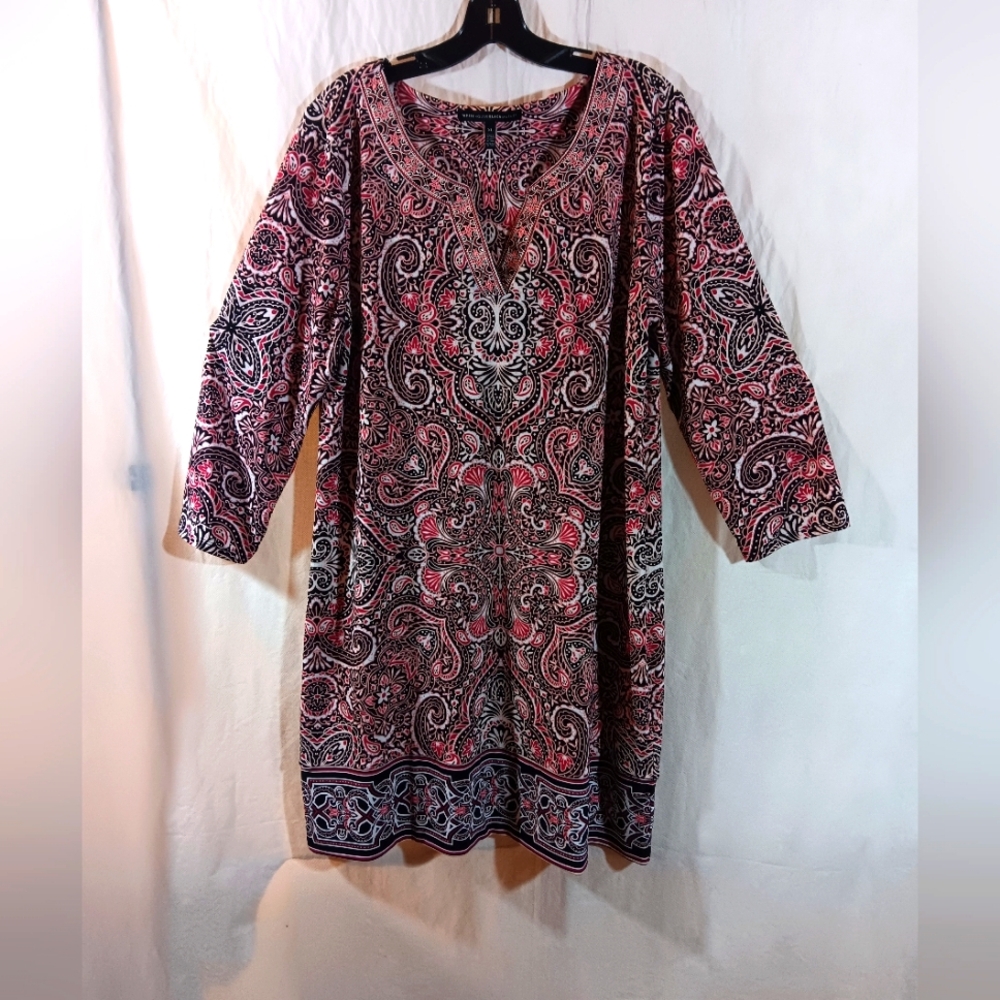 WHBM Womens XL Shift Dress Paisley Print Black Pink Office Jersey Knit